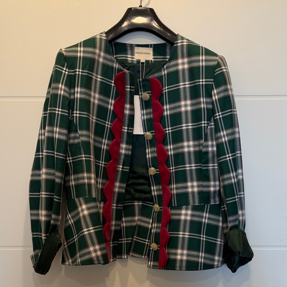 Wool-Blend Green Plaid Blazer with Red Scalloped Trim